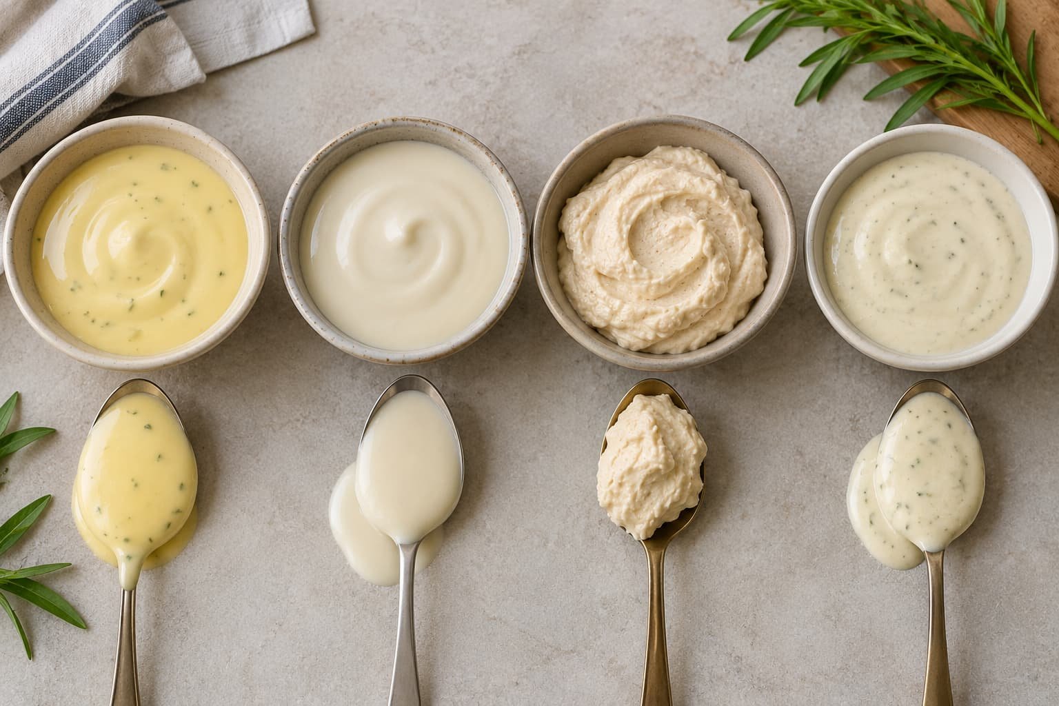 Different plant-based sauce textures showing emulsified, blended, and thicker creamy styles