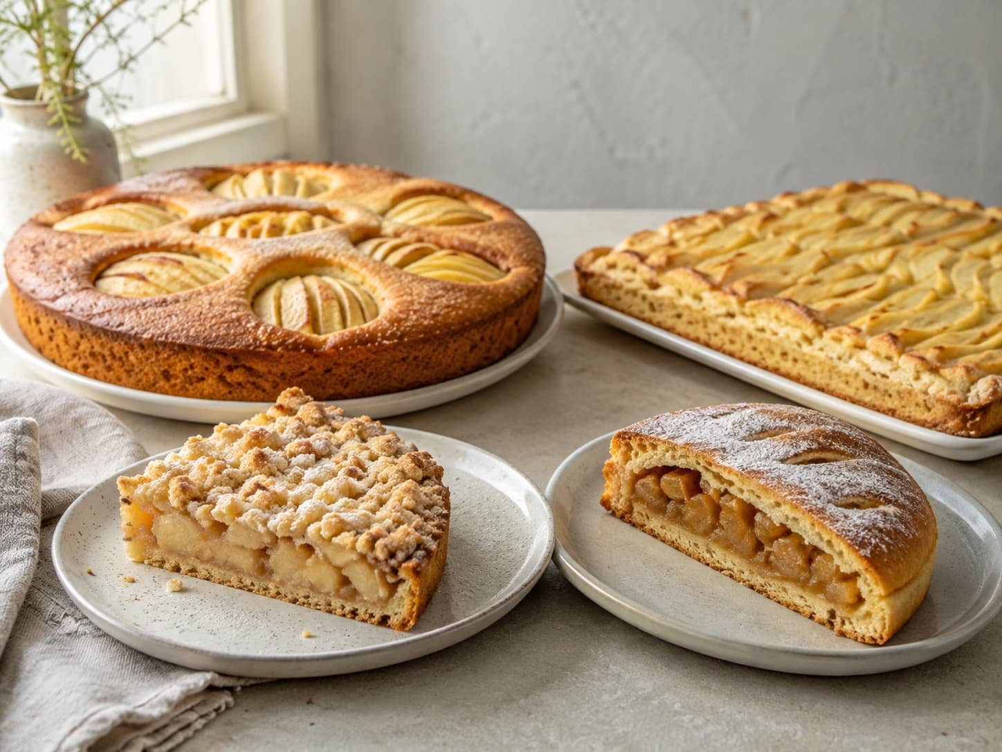 Different styles of German apple cake including sunken, sheet, streusel-topped, and covered versions