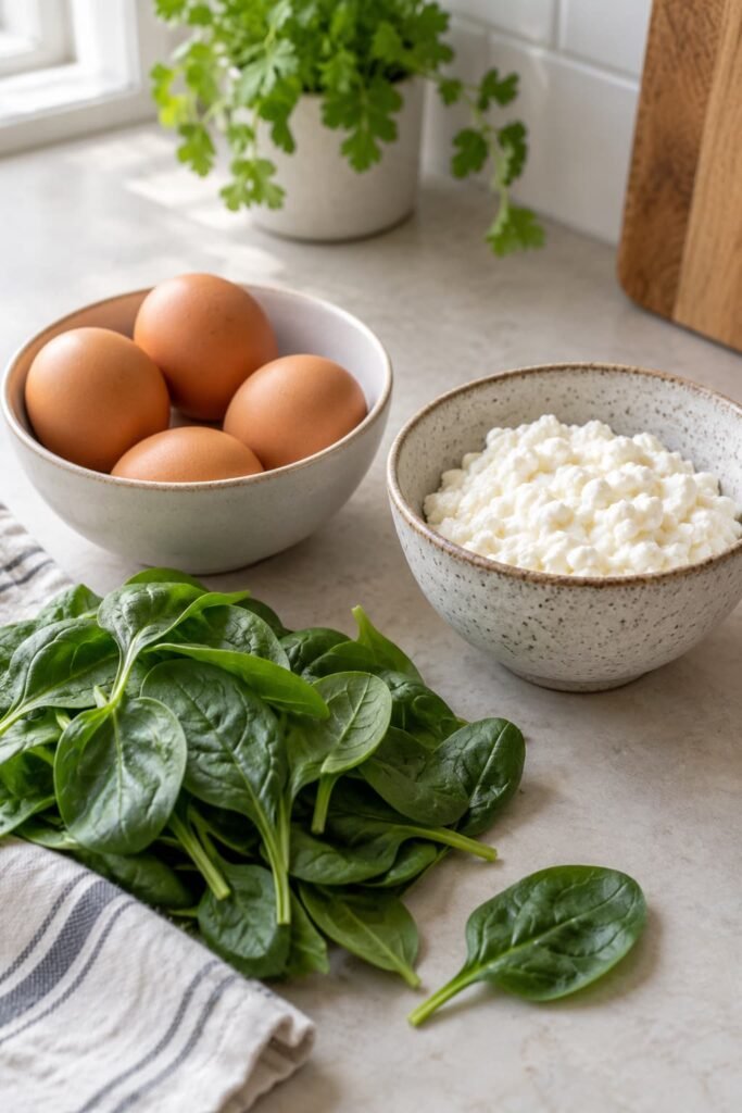 Eggs, cottage cheese, and fresh spinach shown as separate ingredients for an egg bake