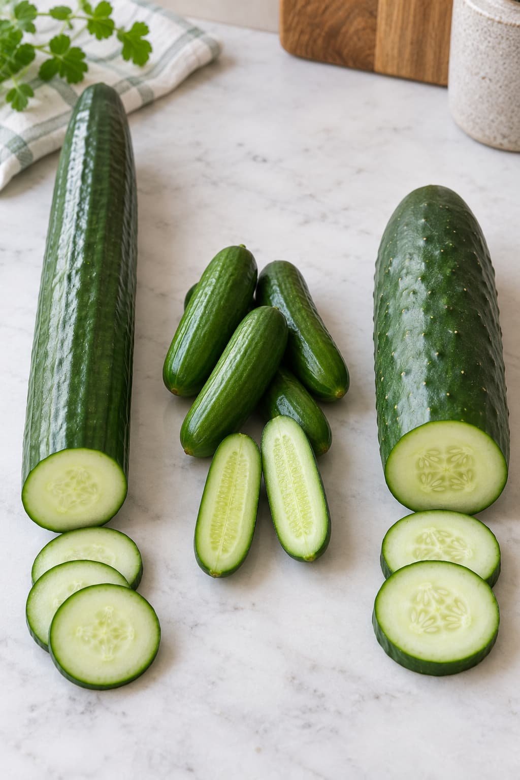 English, Persian, and standard slicing cucumbers shown for comparison
