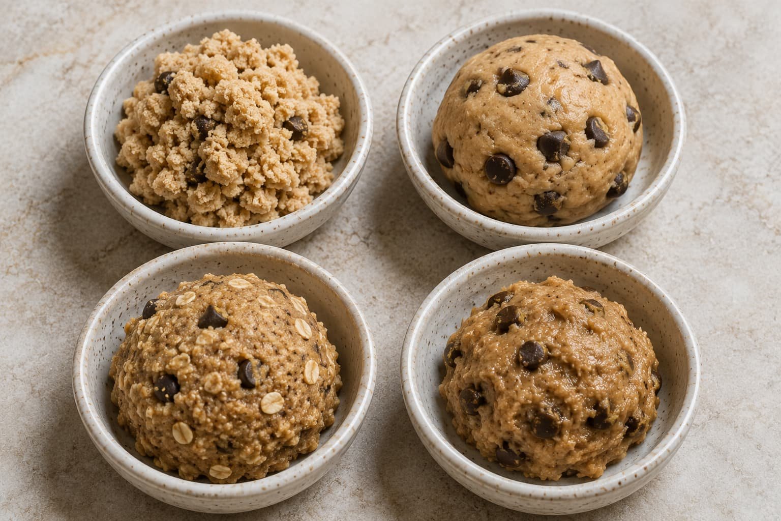 Examples of dry, cohesive, grainy, and soft cookie dough textures for comparison