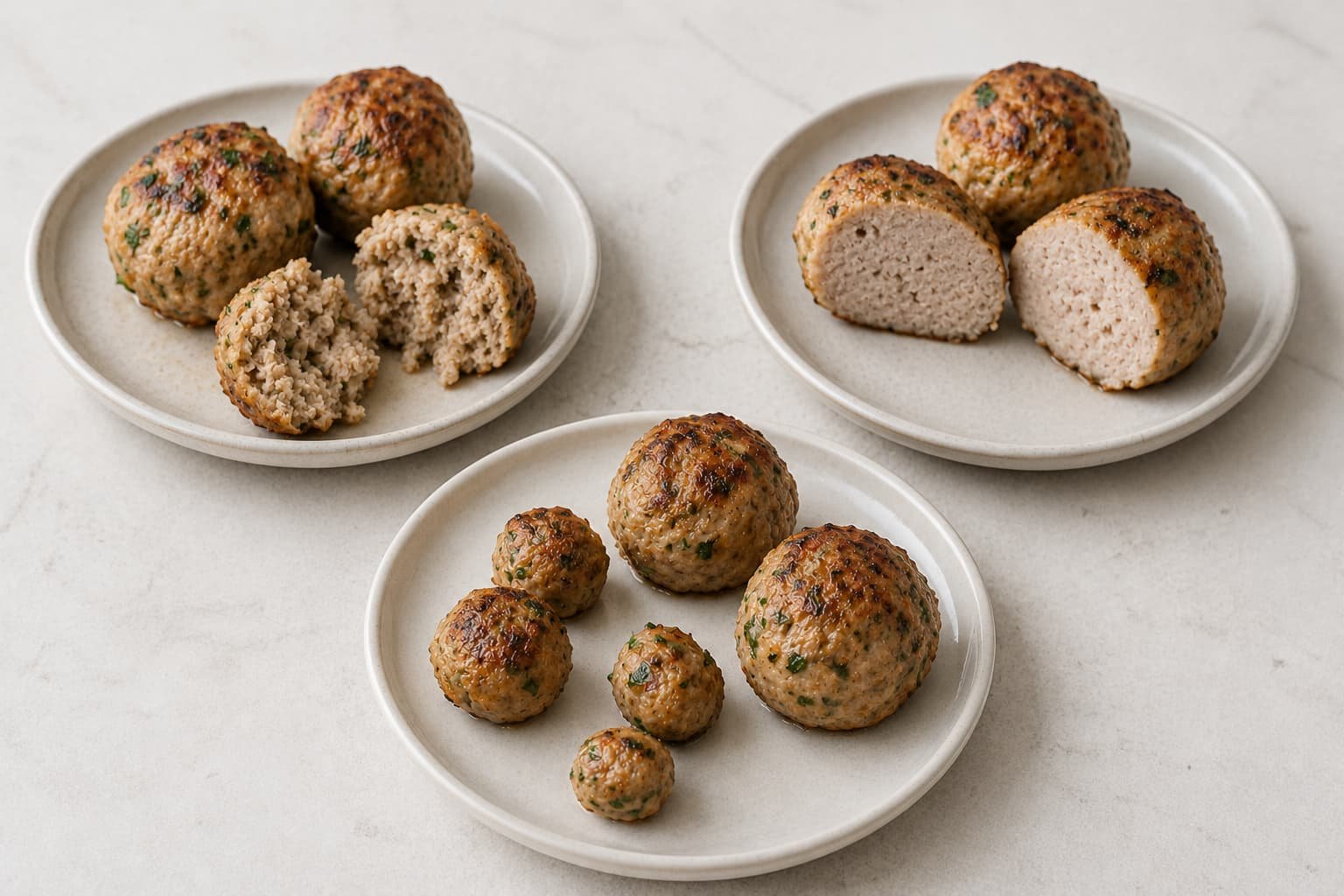 Examples of turkey meatball structure, firm texture, and uneven portion sizes