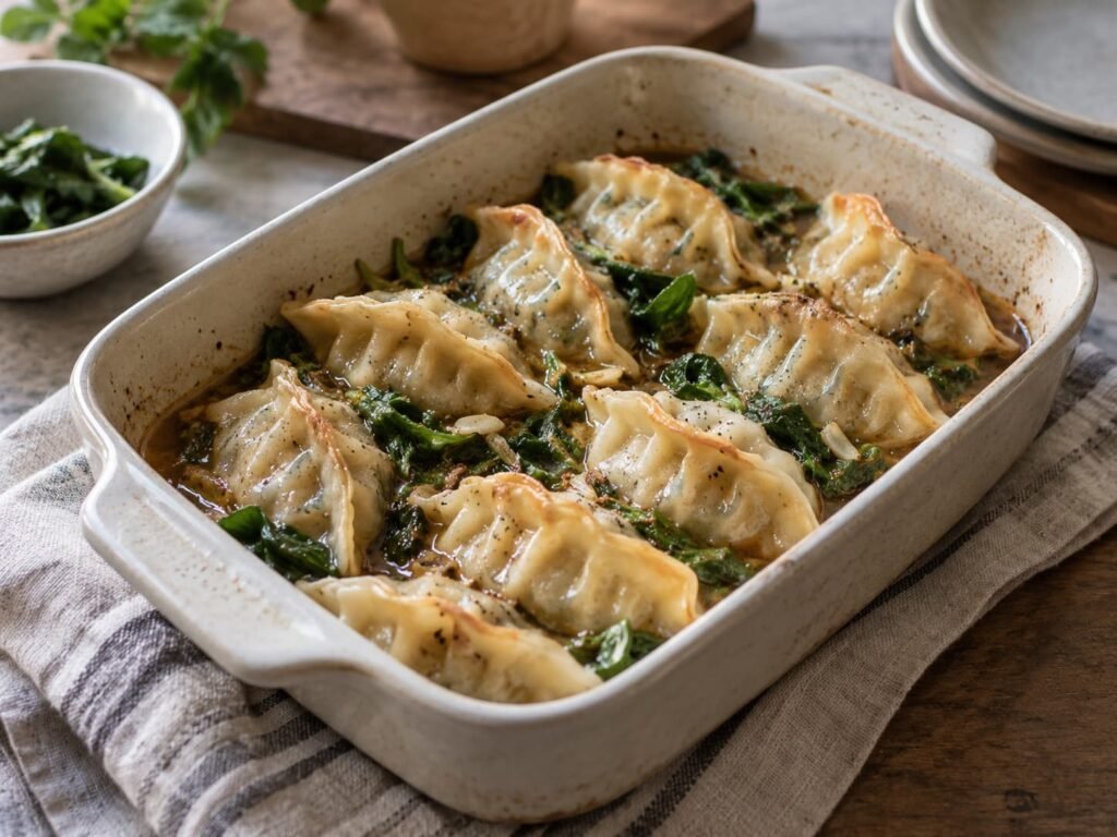 Filled dumplings arranged in a baking dish with sauce and leafy greens, illustrating a one-pan dumpling bake.