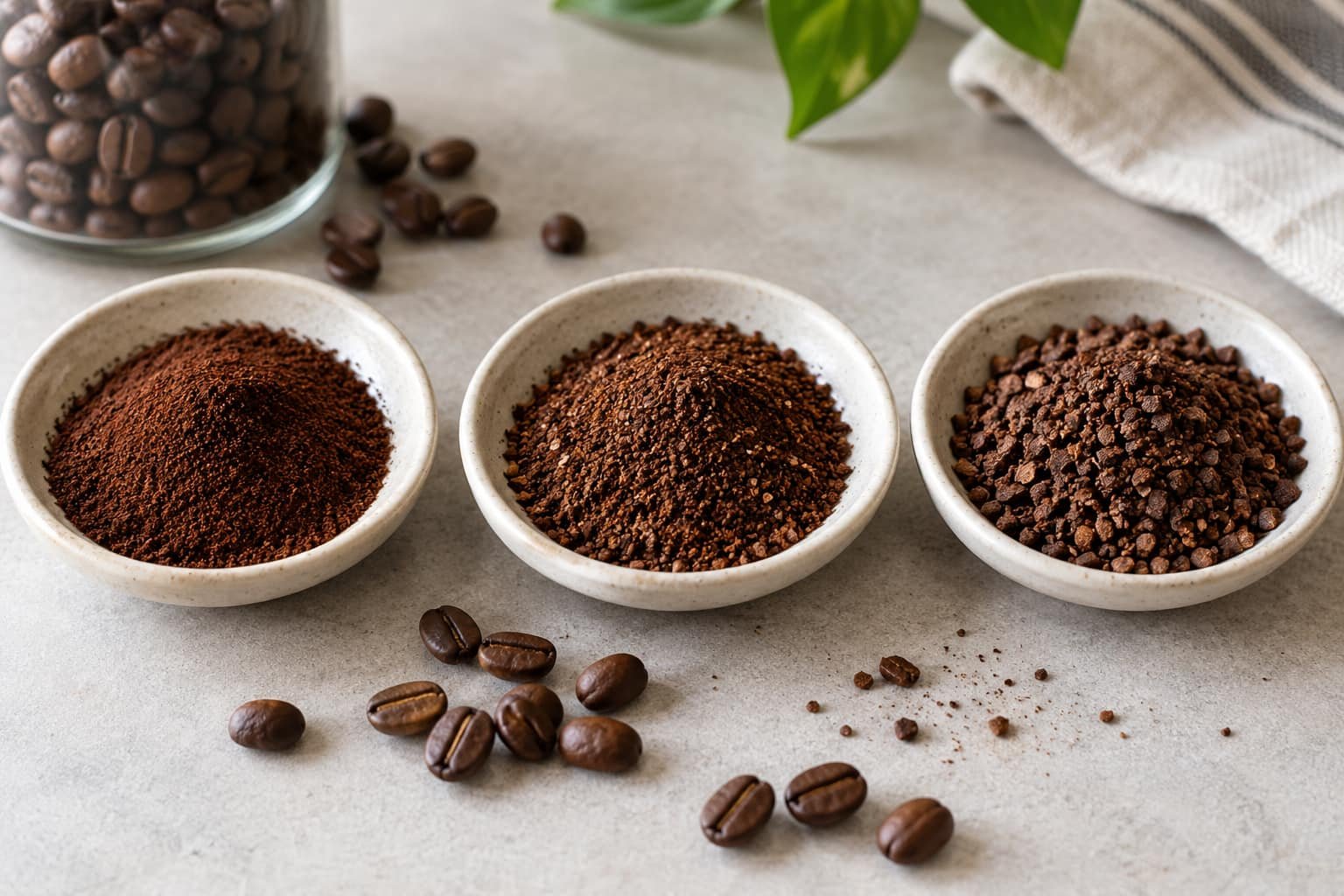 Fine, medium-coarse, and coarse coffee grounds shown for grind-size comparison