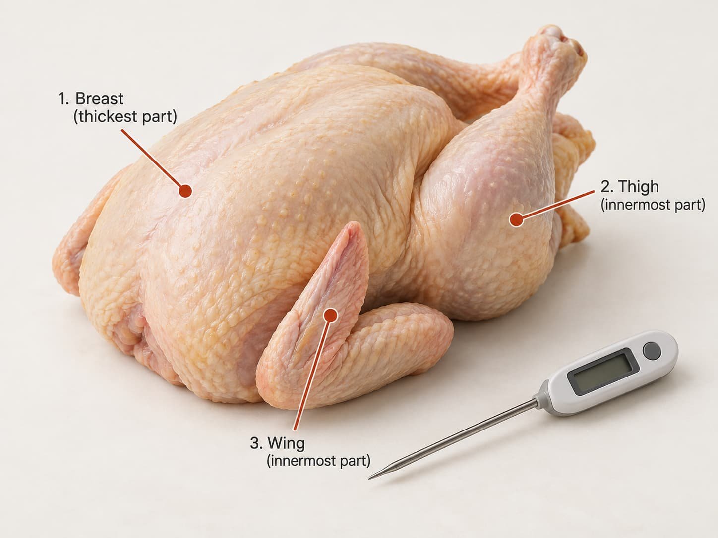 Food thermometer check locations on the breast, thigh, and wing of a whole chicken
