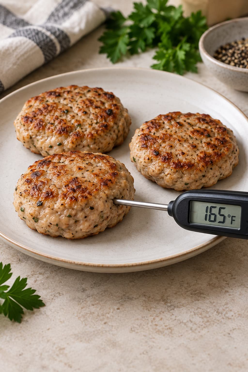 Food thermometer checking a chicken sausage patty at 165°F