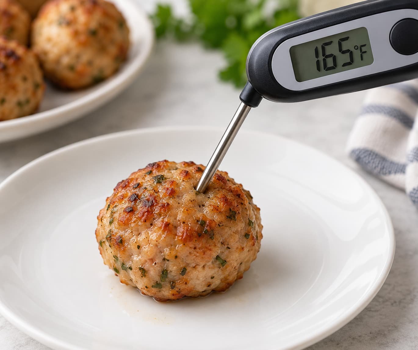 Food thermometer checking a turkey meatball at 165°F internal temperature