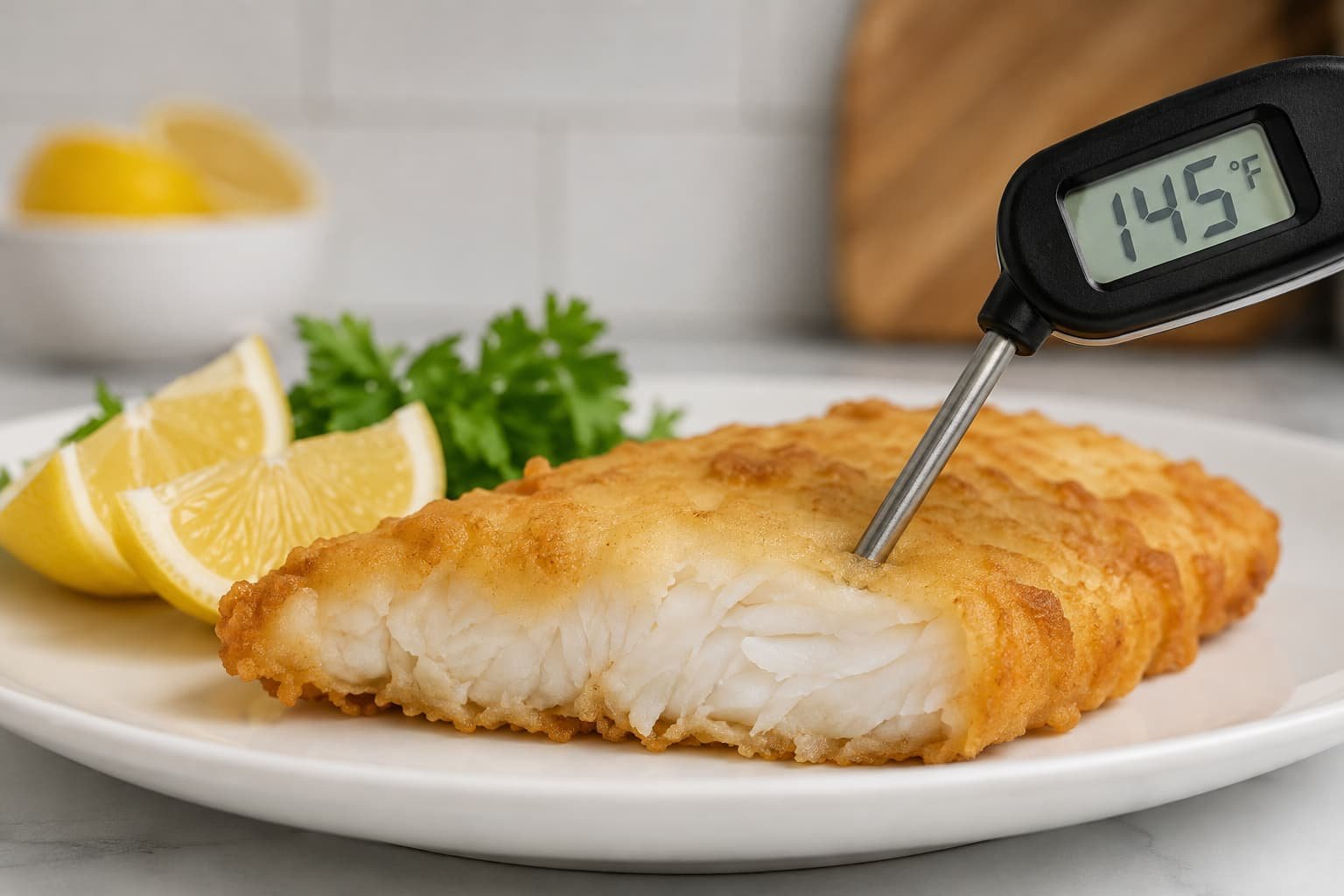 Food thermometer checking battered fish at 145°F internal temperature