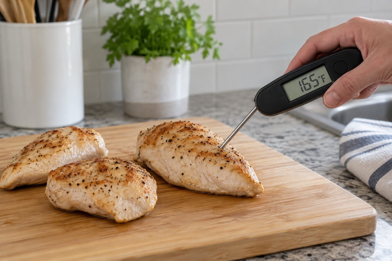 Food thermometer checking cooked chicken at 165°F for safe doneness