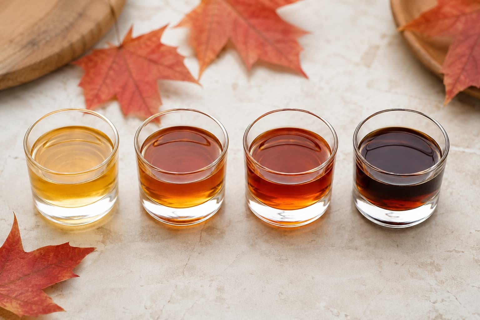 Four maple syrup samples ranging from light golden to very dark shades.