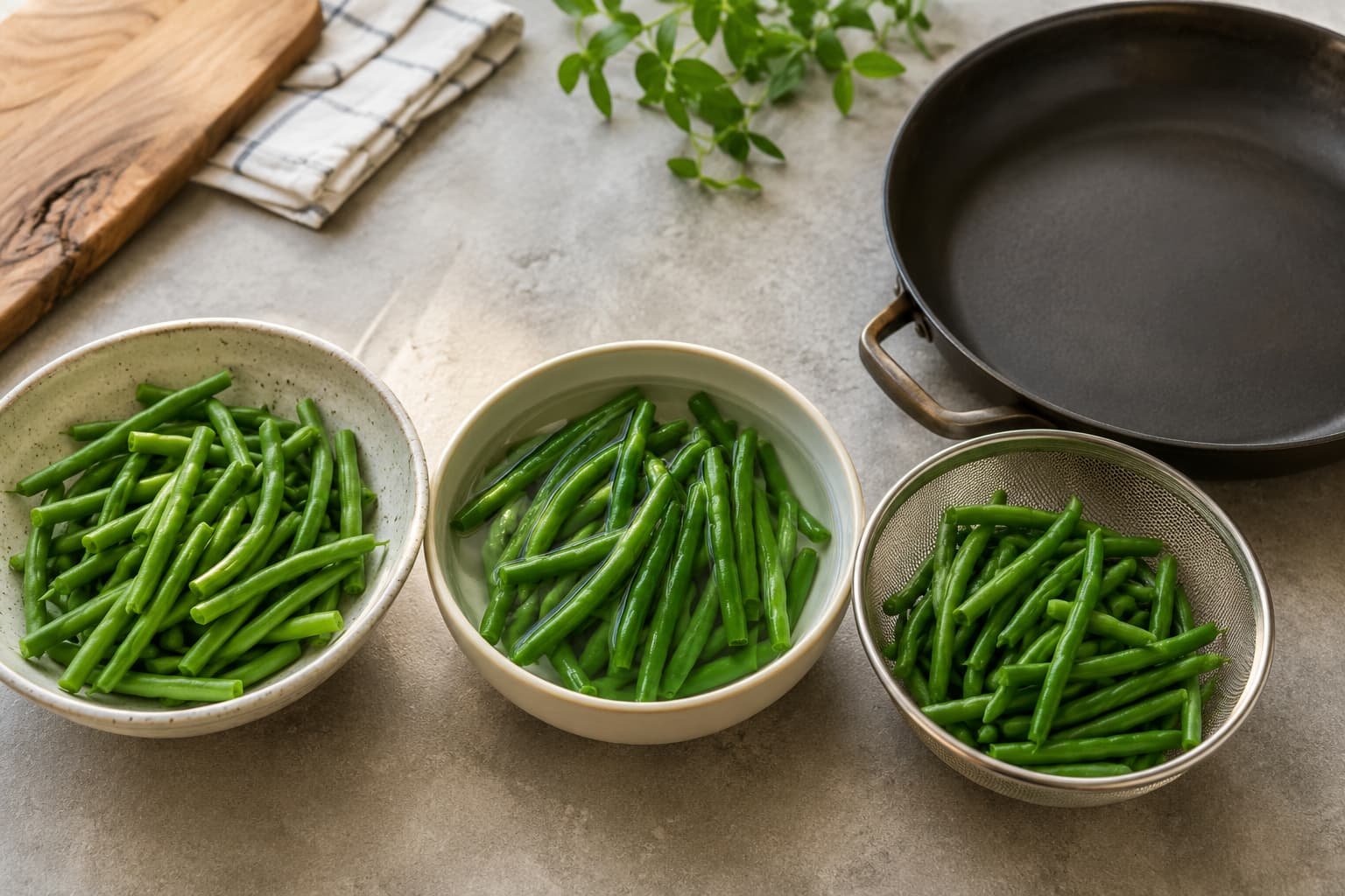 Fresh, blanched, and direct-stir-fry green bean preparation examples
