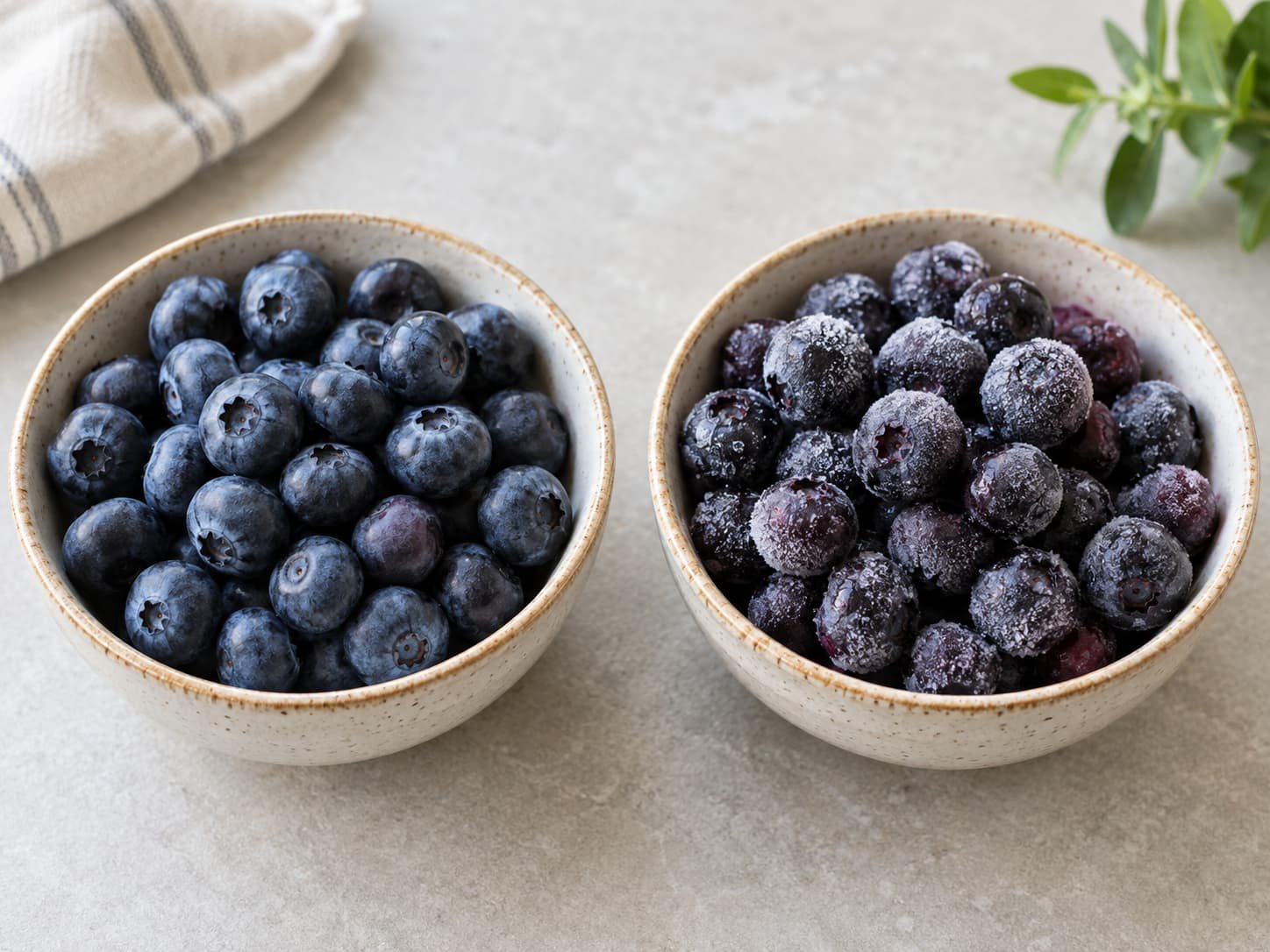 Fresh blueberries beside frozen blueberries showing differences in frost and surface moisture