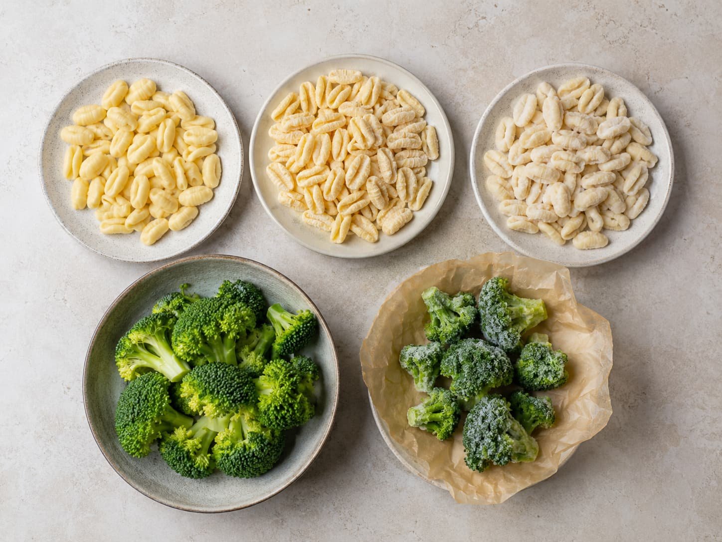 Fresh, dried, and frozen cavatelli shown with fresh and frozen broccoli