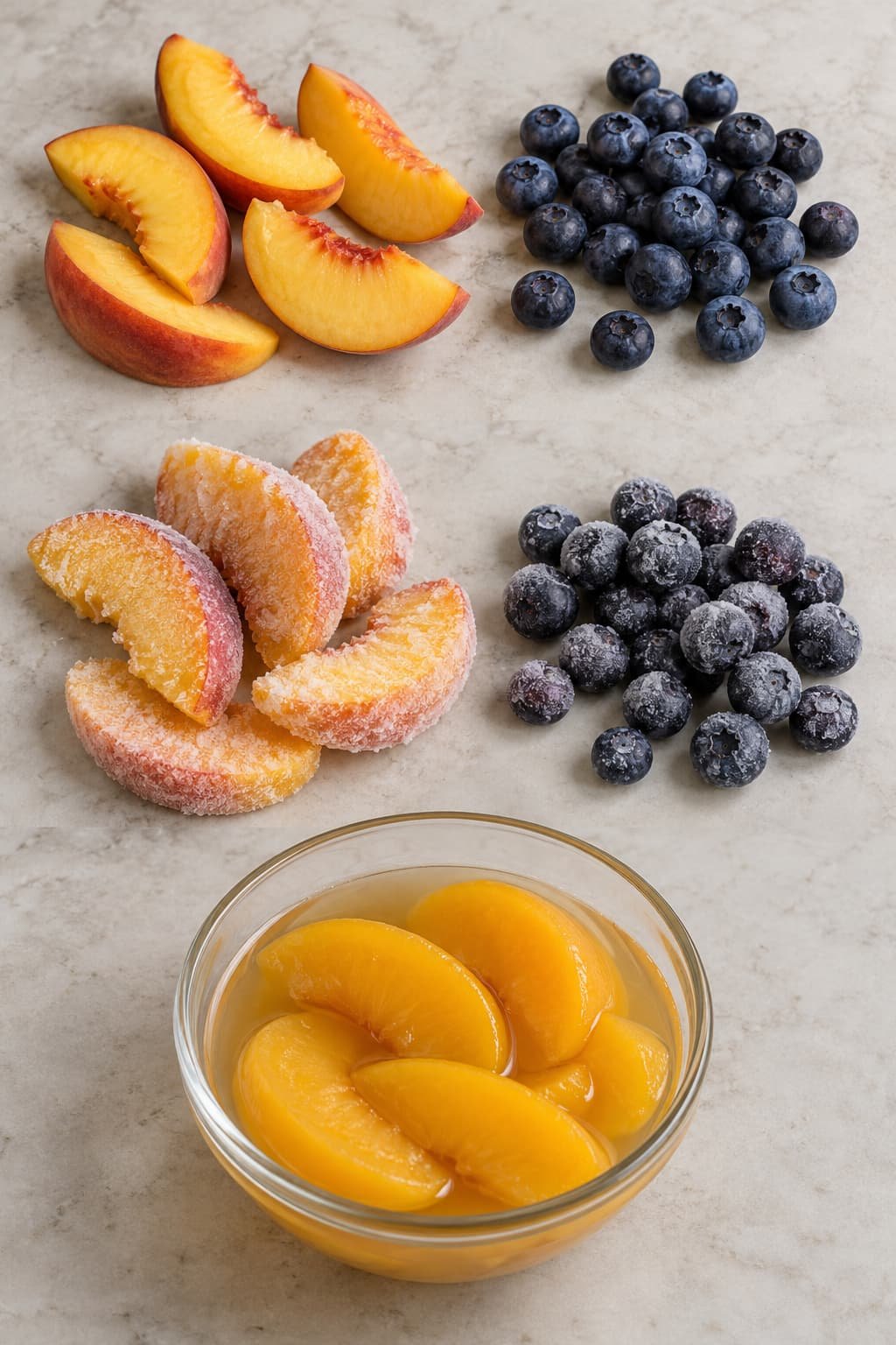 Fresh, frozen, and canned fruit compared for peach and blueberry crisp