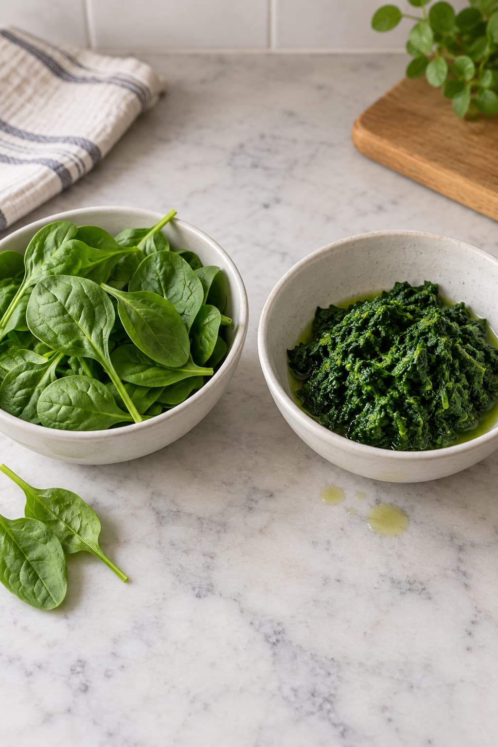 Fresh spinach beside thawed frozen spinach showing the difference in form and visible moisture