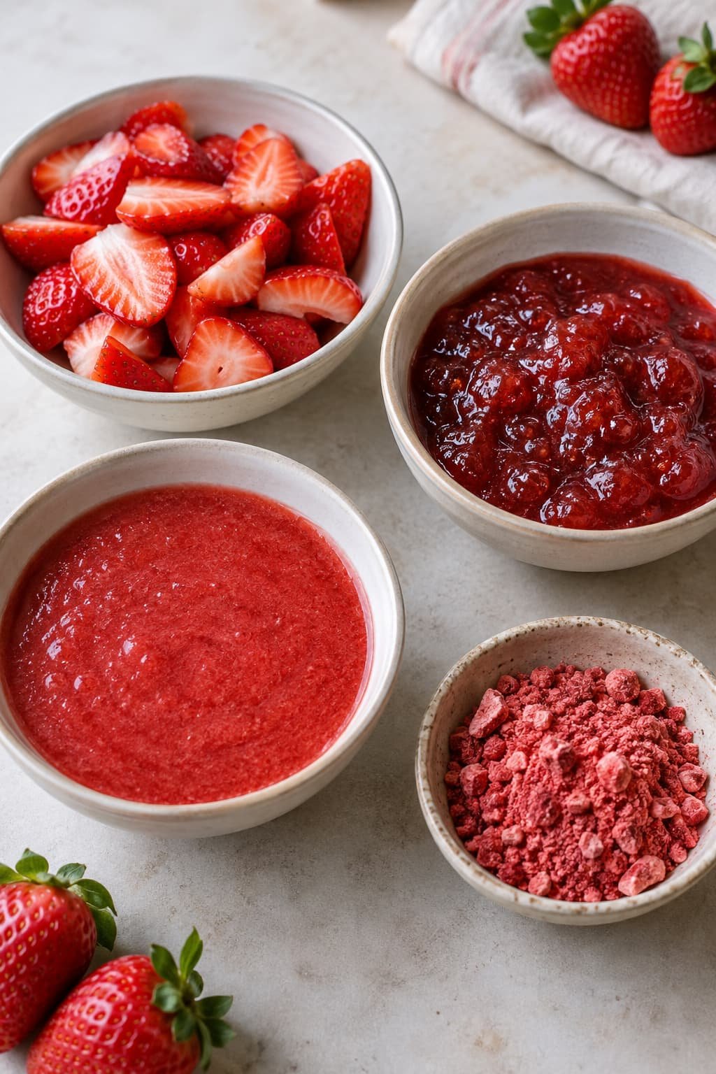 Fresh strawberries, strawberry preserves, purée, and freeze-dried strawberries shown separately.