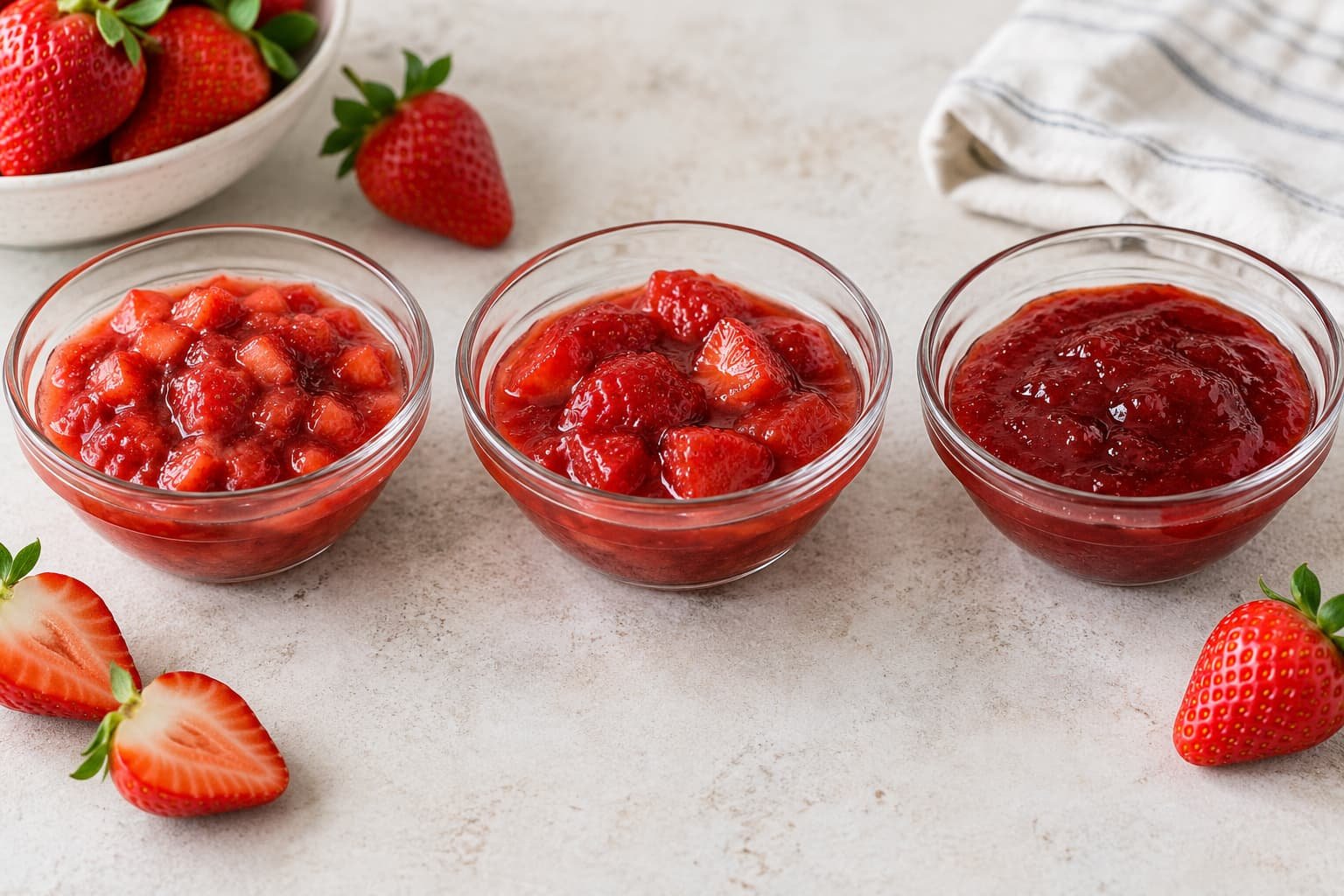 Fresh strawberry filling, strawberry compote, and strawberry jam shown as three different textures