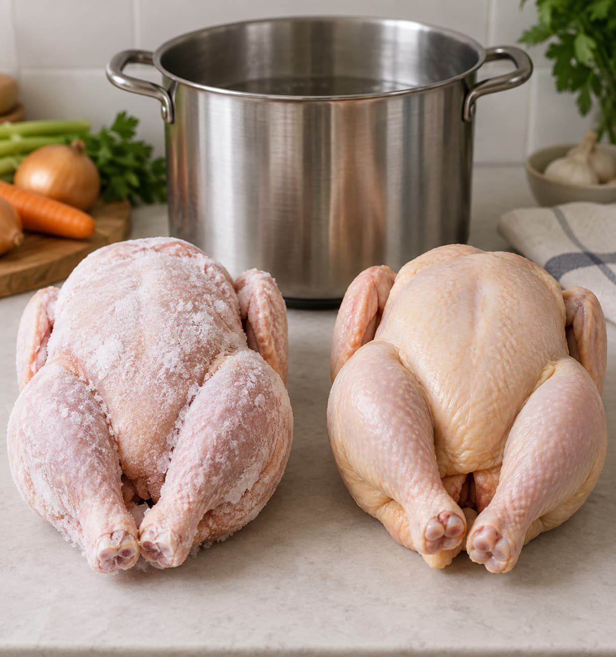 Frozen and thawed whole chickens shown for cooking-time comparison
