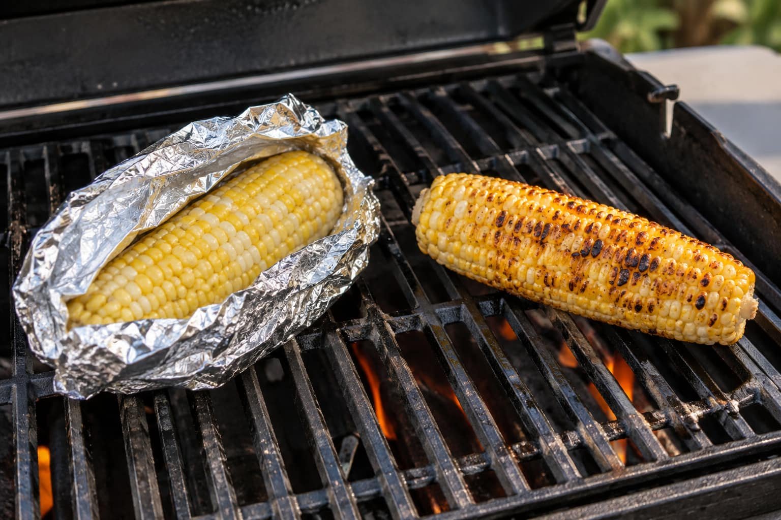 Frozen corn cooked in foil compared with corn placed directly on grill grates