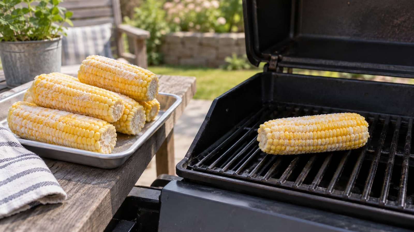 Frozen corn on the cob beside an outdoor grill before cooking