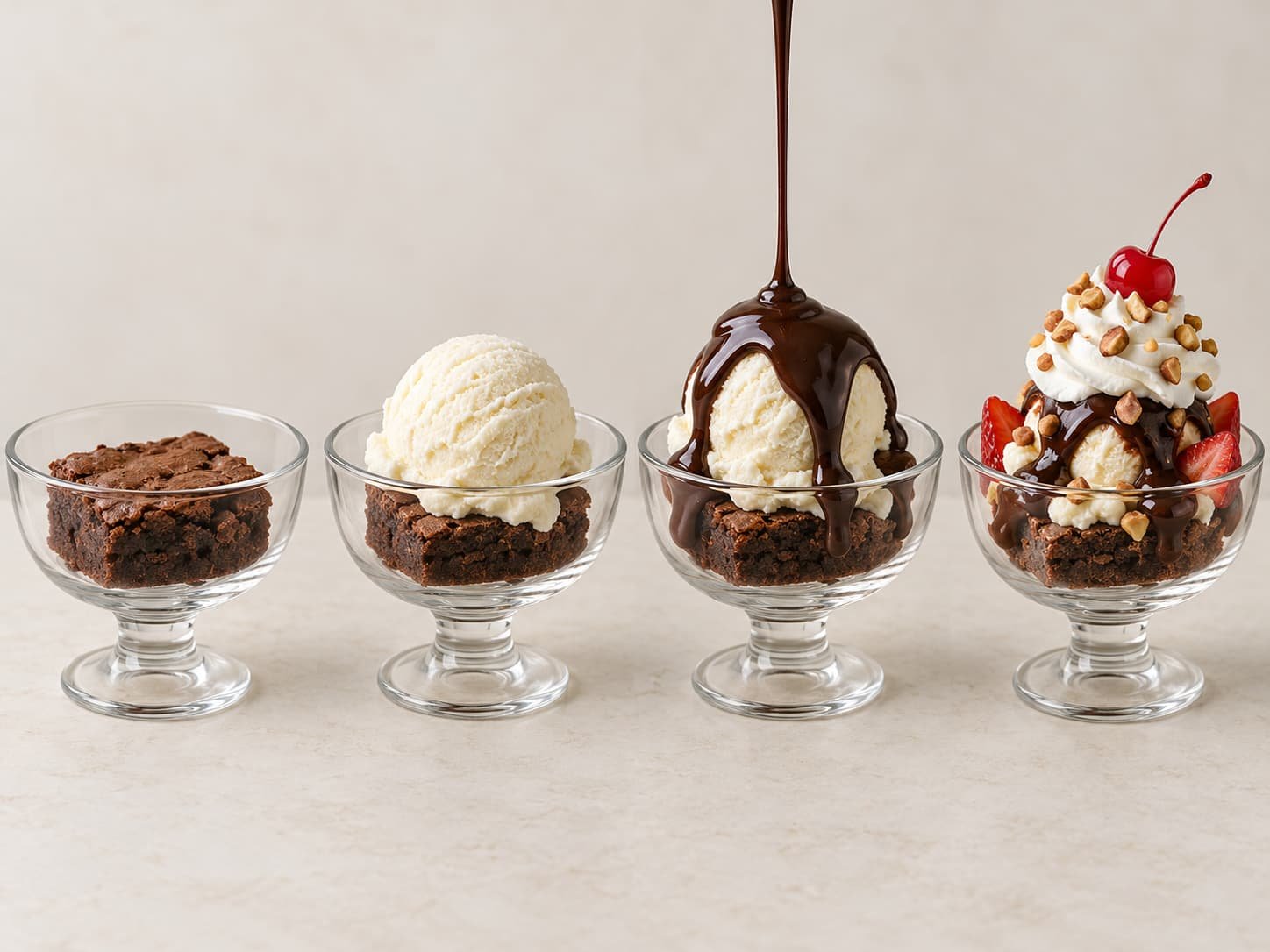 General brownie sundae assembly from brownie and ice cream to hot fudge and optional toppings