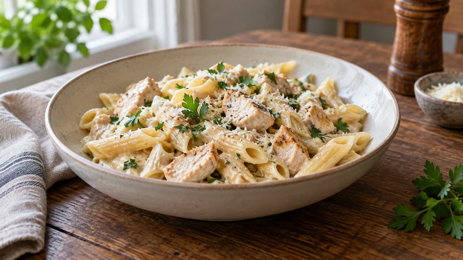 Generic creamy chicken pasta with a pale cream-cheese-style sauce and herbs