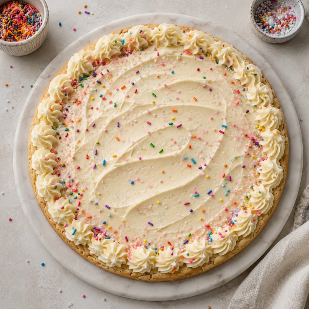 Generic frosted giant sugar cookie decorating idea with buttercream and sprinkles