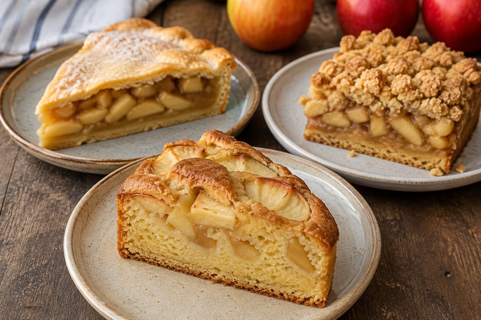 German apple cake slices showing cake-like, pastry-style, and streusel textures