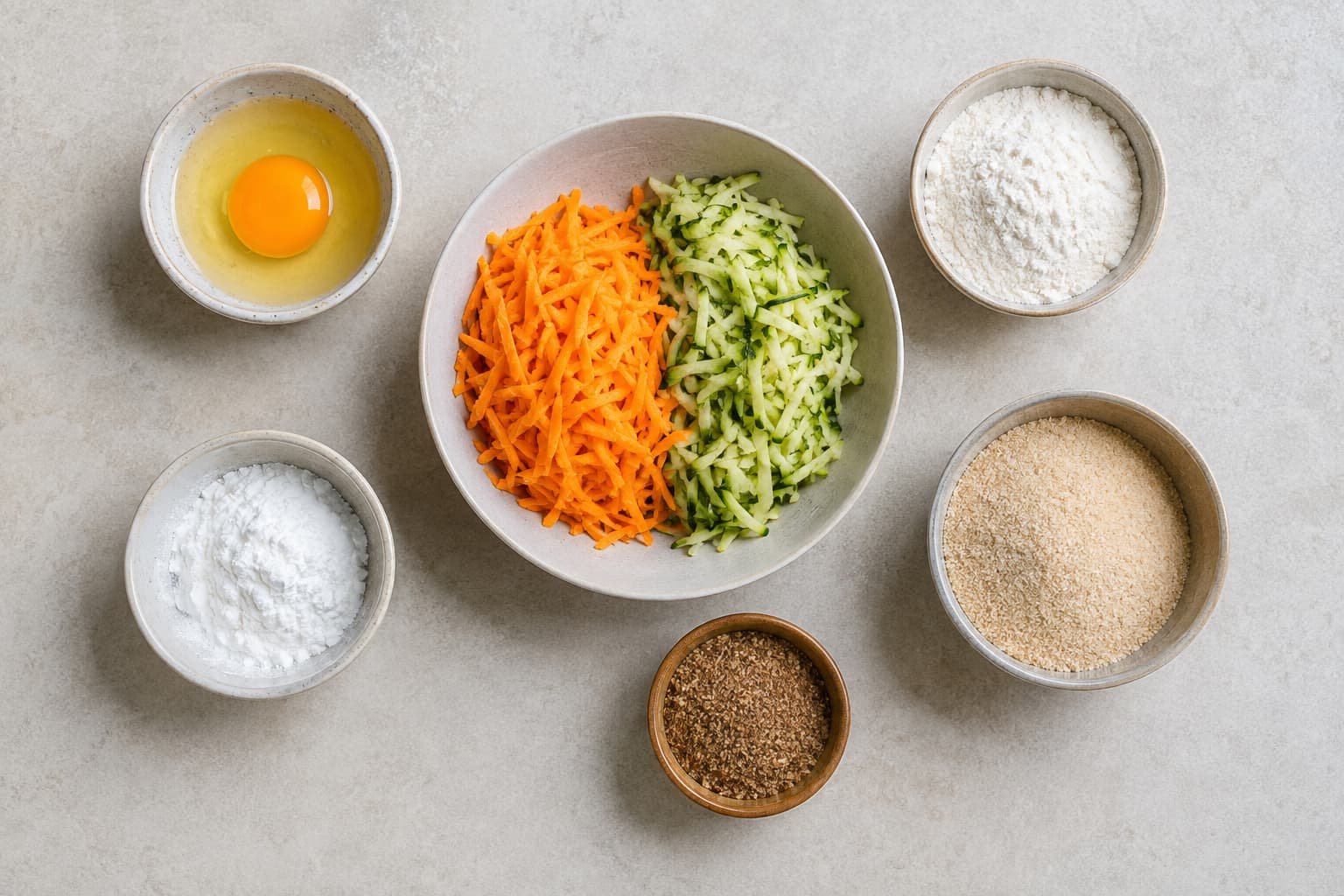 Grated vegetables with egg, flour, breadcrumbs, starch, and flaxseed as possible fritter binders