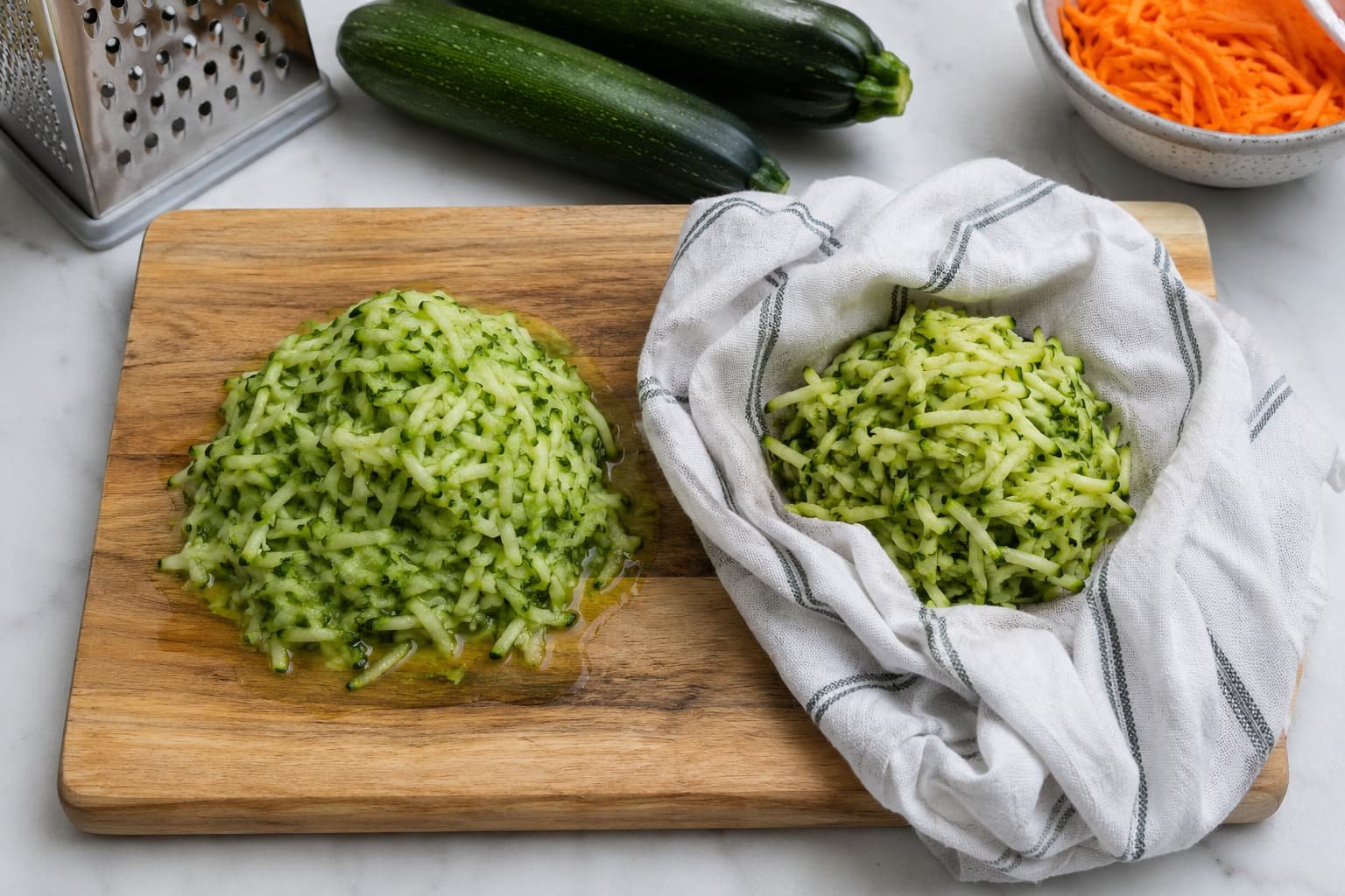 Grated zucchini before and after excess moisture is pressed out for fritter preparation