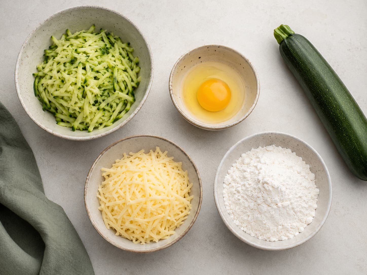 Grated zucchini, egg, cheese, and flour shown as common zucchini flatbread ingredients