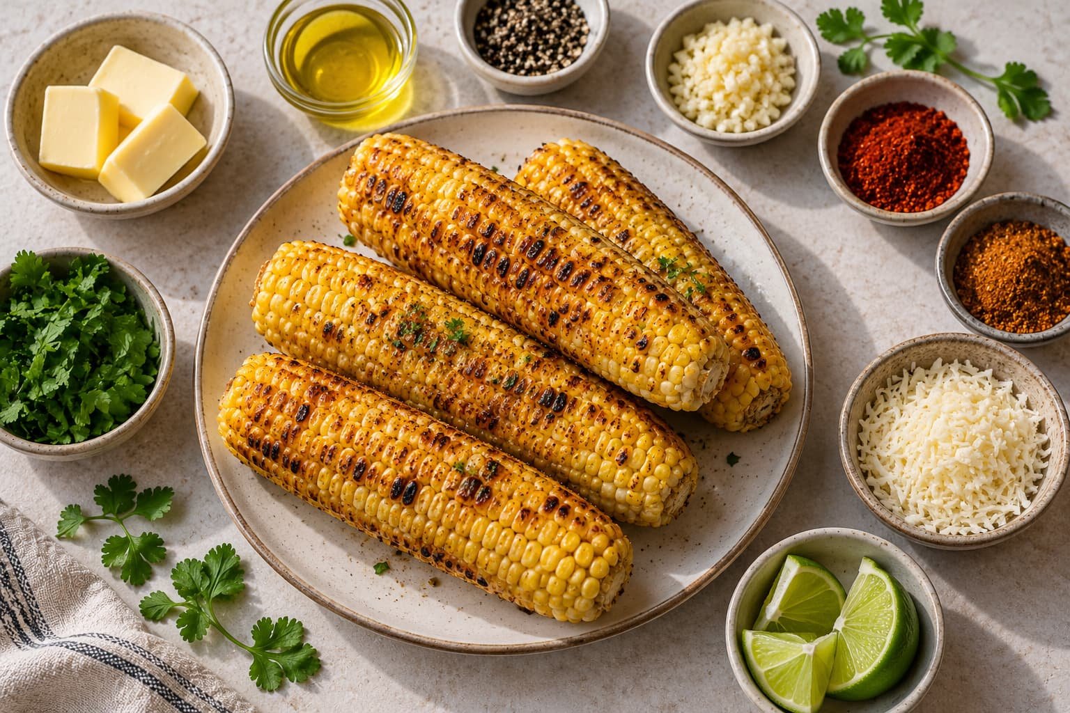 Grilled corn with optional butter, garlic, spices, lime, herbs, and grated cheese