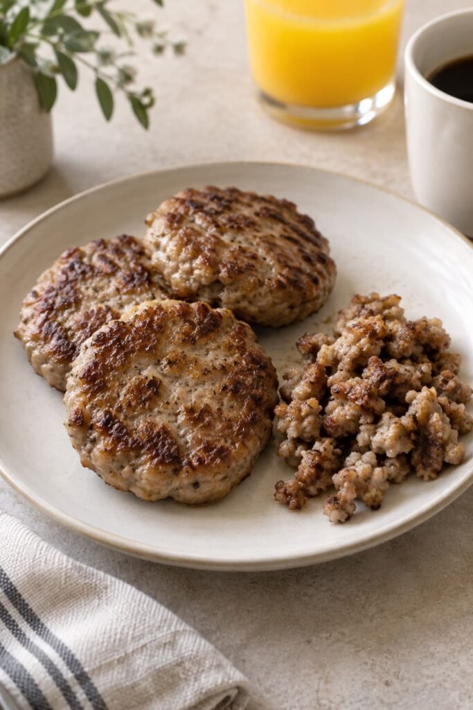 Ground chicken breakfast sausage shown as patties and loose seasoned chicken