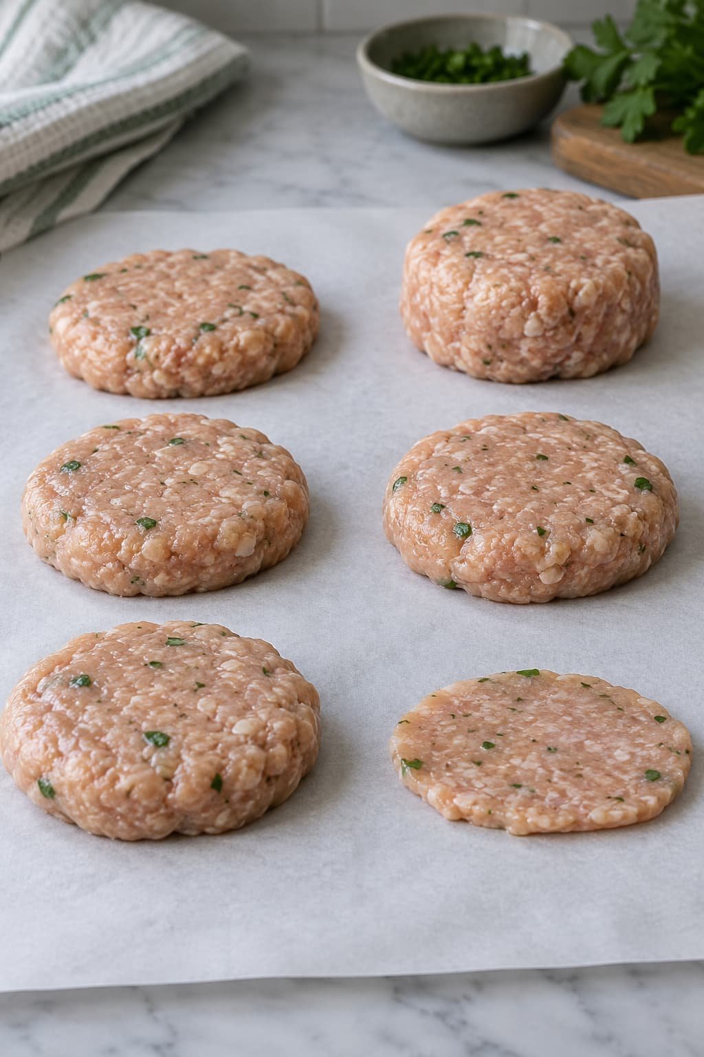 Ground chicken sausage patties showing differences in patty thickness
