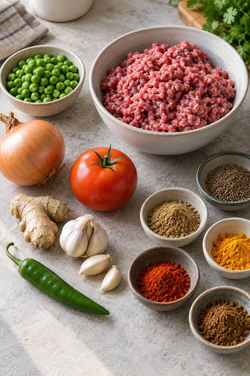 Ground lamb, peas, onion, tomato, ginger, garlic, chili, and spices commonly used in lamb keema