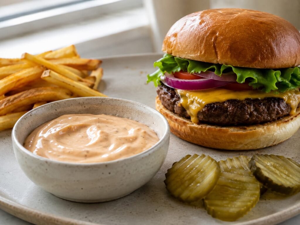 Homemade burger-style sauce served beside a cheeseburger and fries