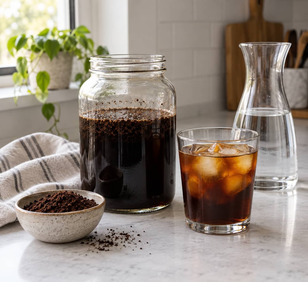 Homemade cold brew concentrate with iced coffee, coarse coffee grounds, and water