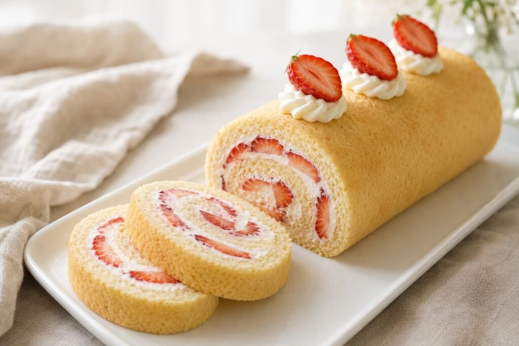 Homemade strawberry Swiss roll