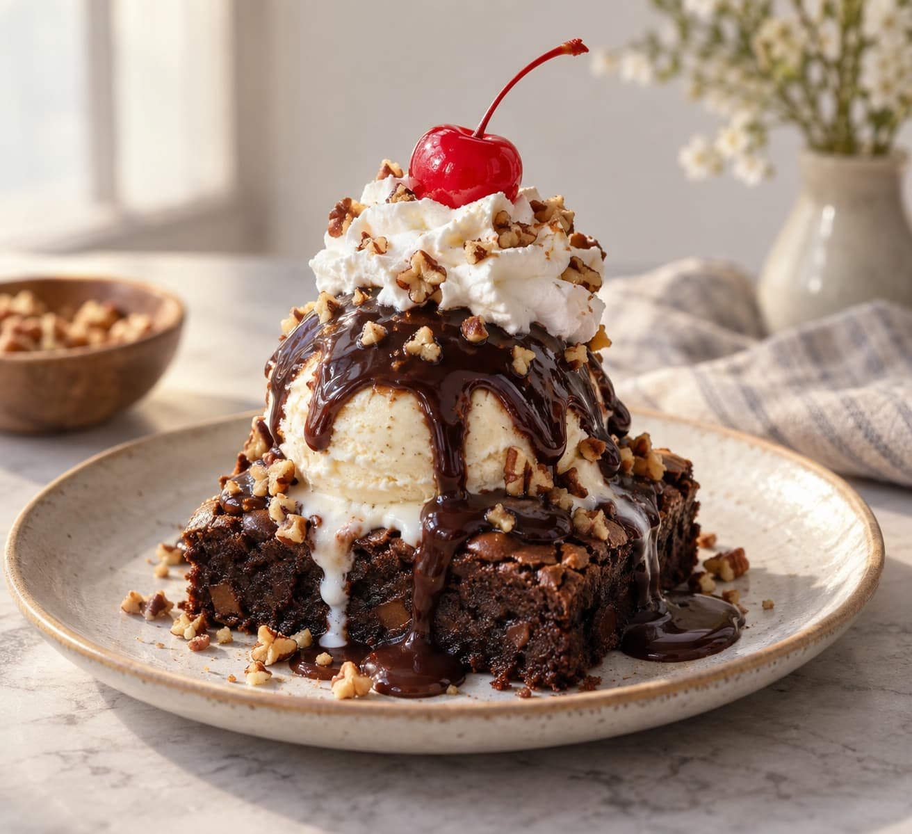 Hot fudge brownie sundae with brownie, ice cream, chocolate fudge, and optional toppings