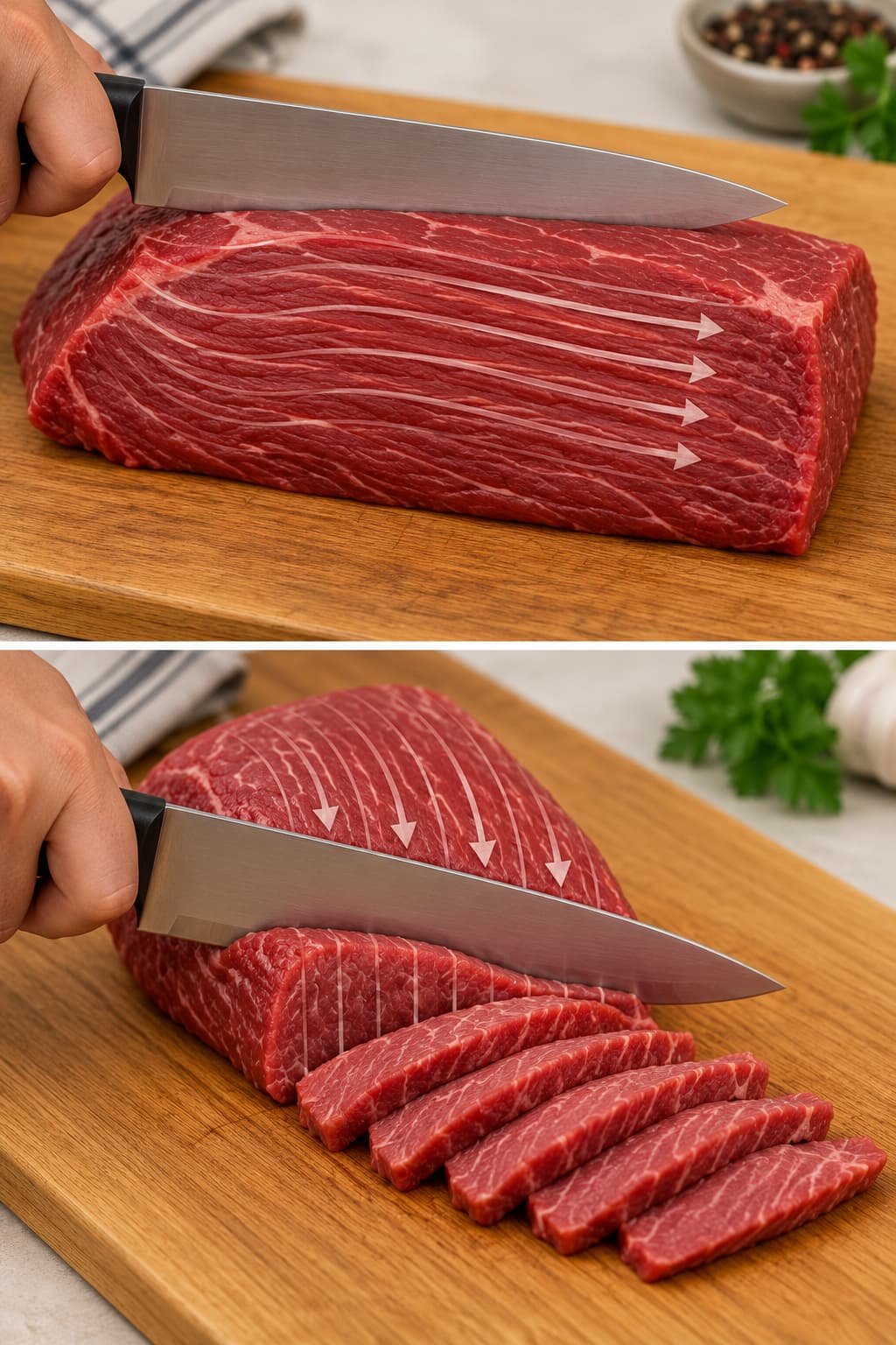 Illustration comparing beef sliced parallel to the grain with beef sliced across the muscle fibers
