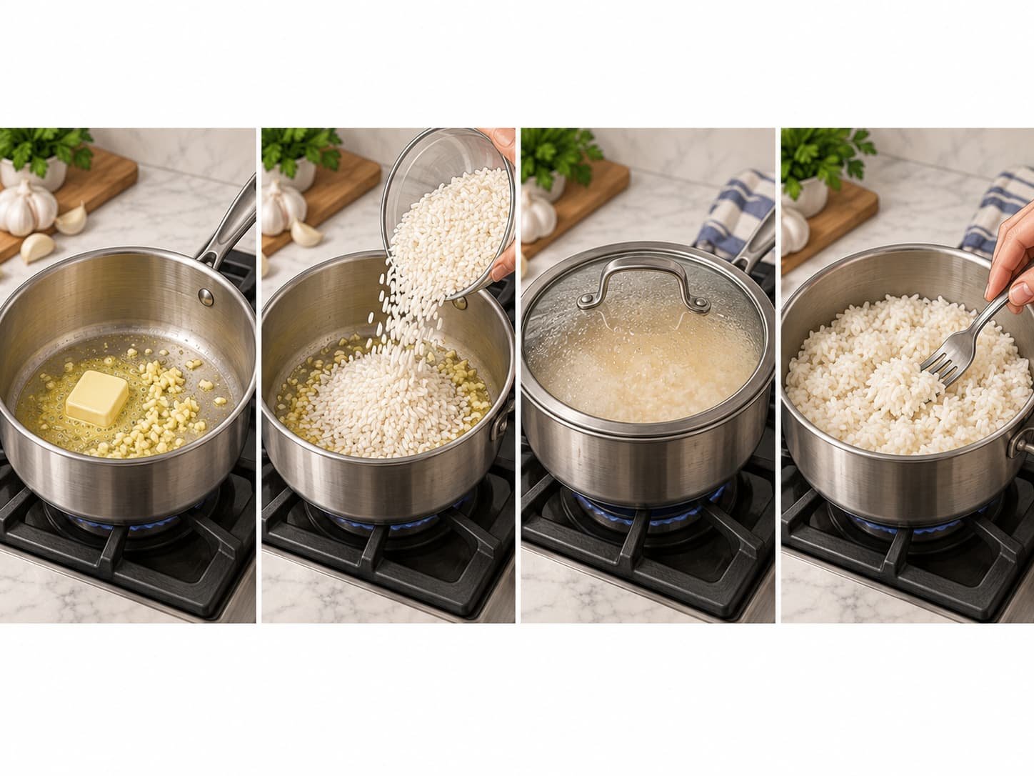 Illustration of the basic stovetop absorption method for garlic butter rice