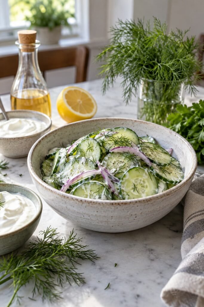 Informational cucumber salad with common creamy and acidic dressing ingredients
