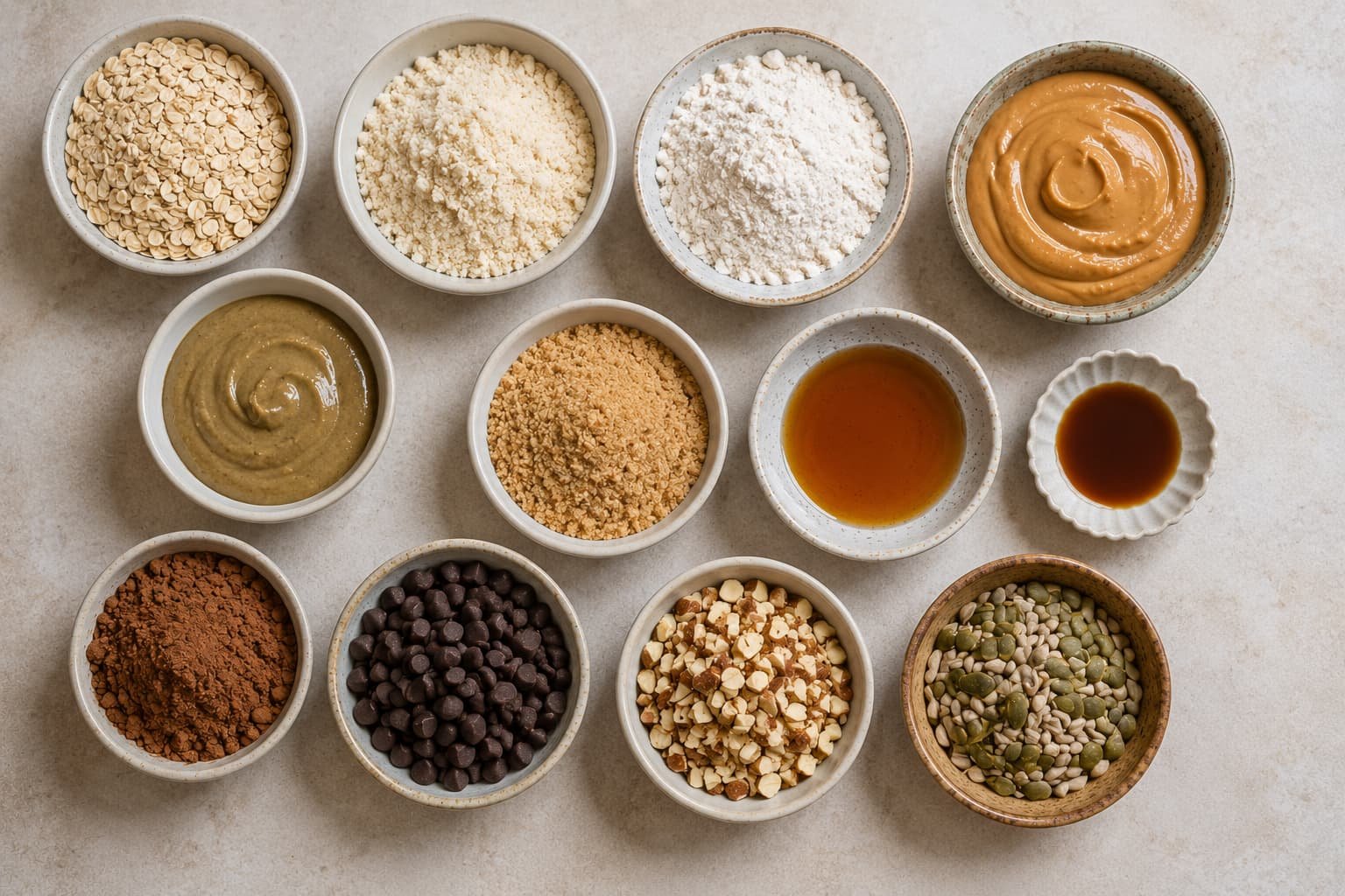 Ingredient categories used in cookie dough bites including oats, flour, nut butter, sweeteners, chocolate chips, nuts, and seeds