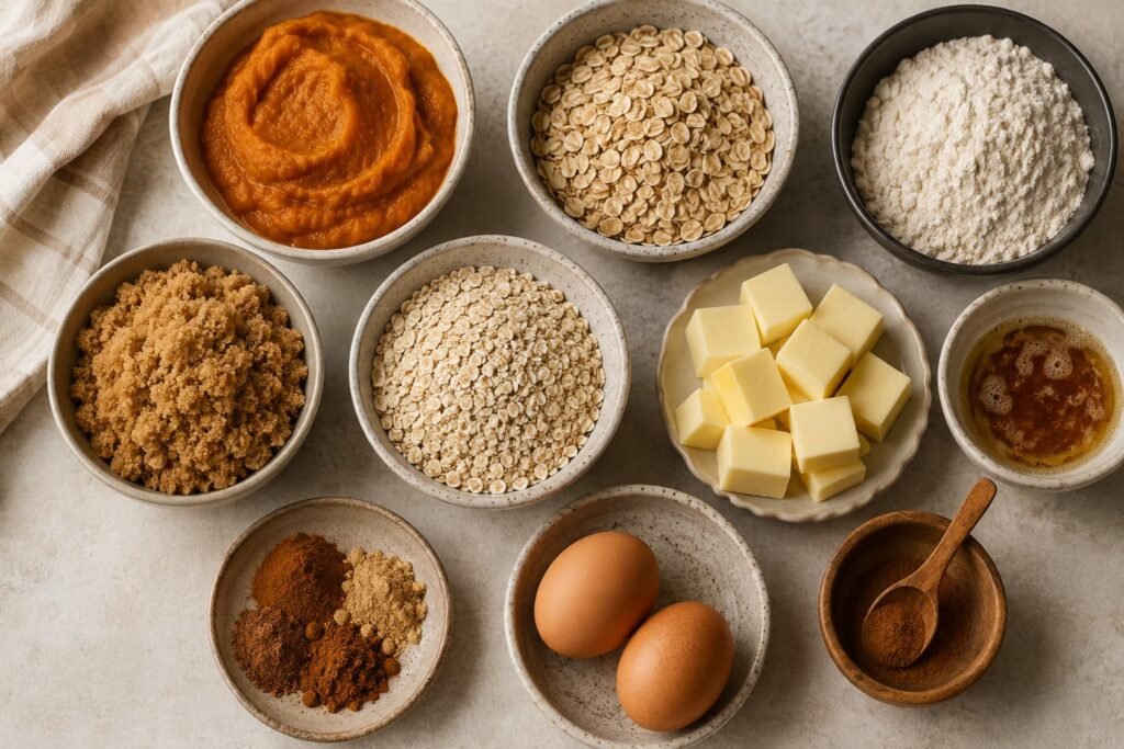 Ingredients commonly used in brown butter pumpkin oatmeal cookies, including pumpkin puree, oats, butter, flour, sugar, eggs, and spices