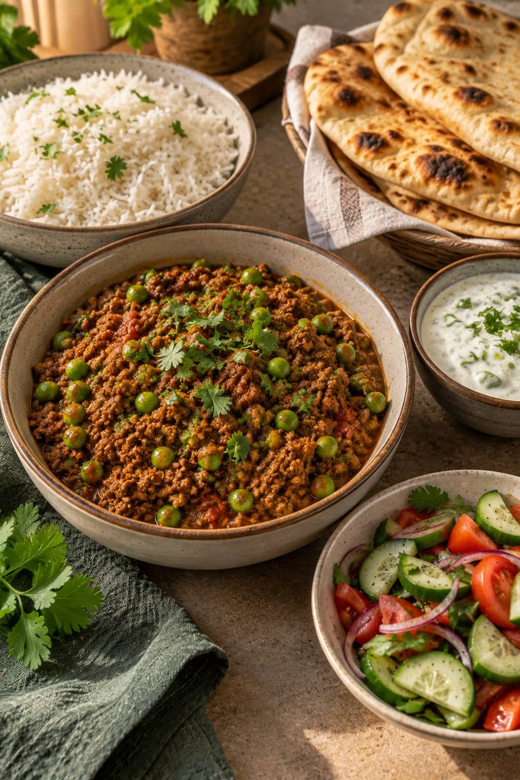 Lamb keema served with rice, flatbread, yogurt, and fresh vegetables