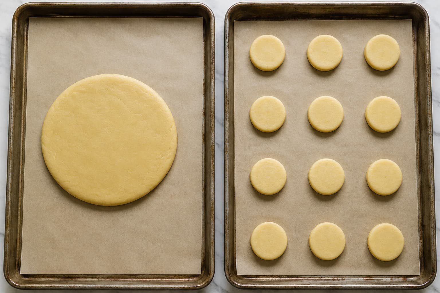 Large sugar cookie dough compared with smaller cookie portions to show differences in size and thickness