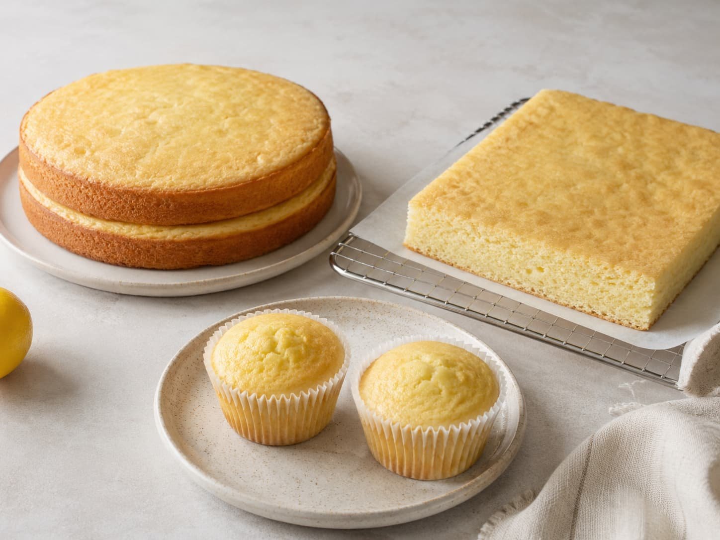 Layer cake, sheet cake, and cupcakes shown as different lemon cake formats
