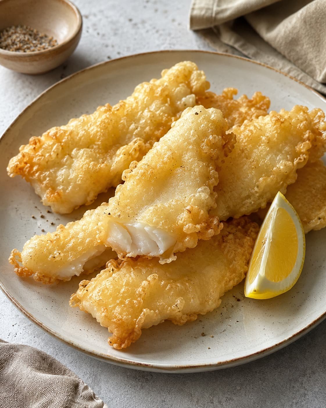 Lightly battered tempura-style white fish with a pale golden crust
