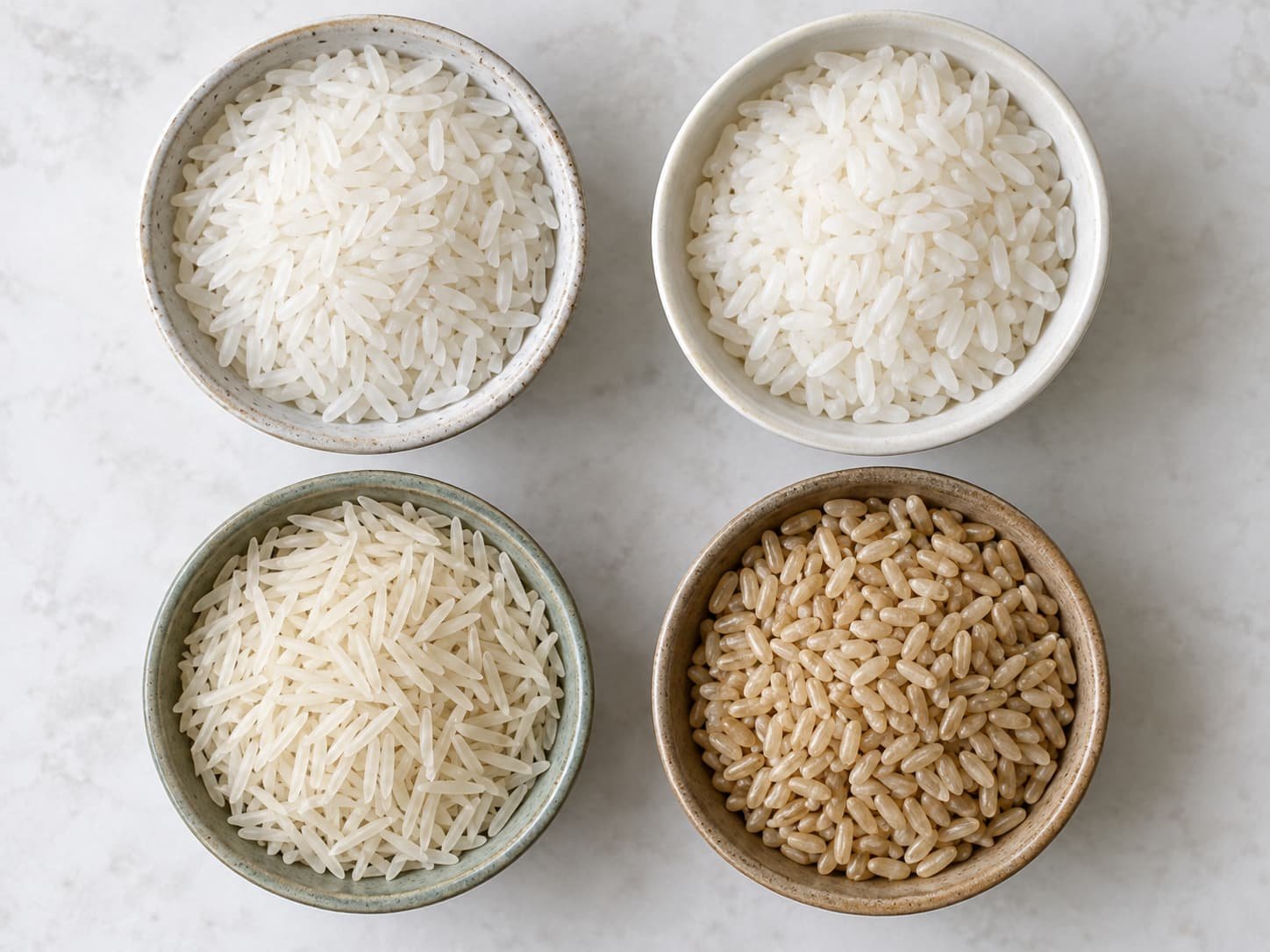 Long-grain white, jasmine, basmati, and brown rice shown in separate bowls
