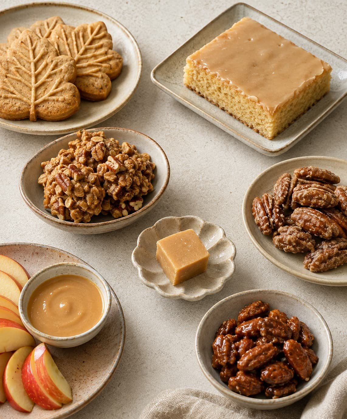 Maple cookies, bars, no-bake clusters, candy, coated nuts, and maple glaze representing different types of maple treats.